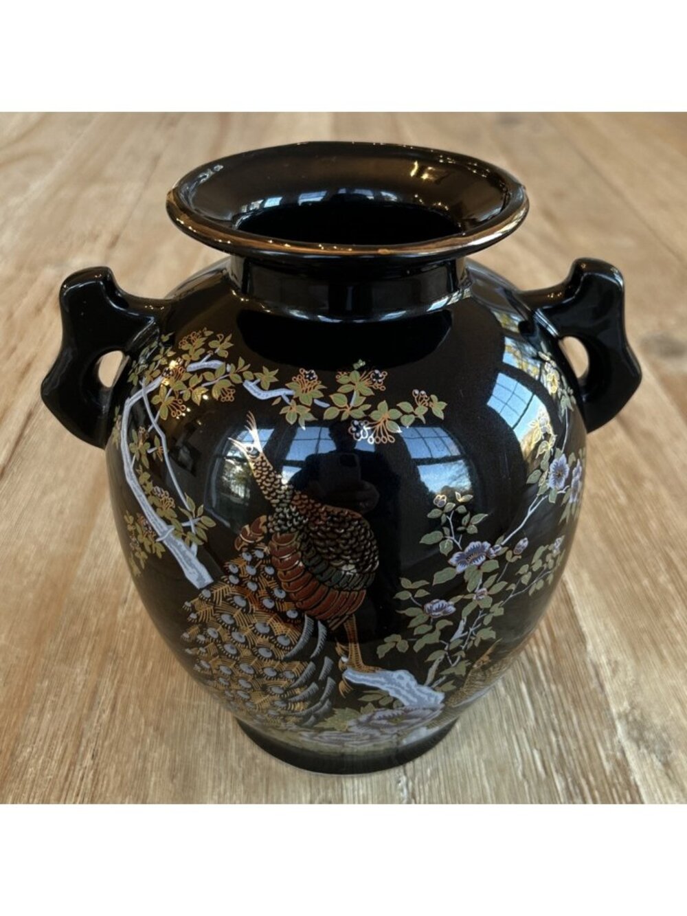Vintage 1980s Asian Decorative Vase Jar Black Gold Peacock Bonsai Tree 6.5" H